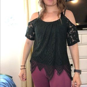 Forrest green open shoulder lace top size S
